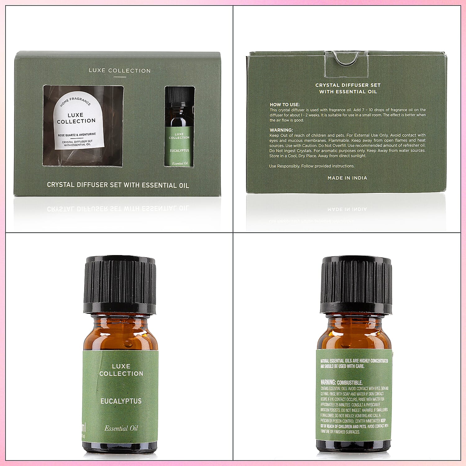 Rose Quartz & Aventurine Crystal Diffuser Set With Essential Oil