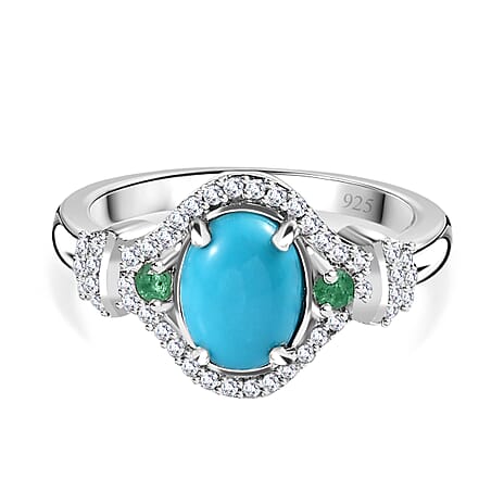 Arizona Sleeping Beauty Turquoise, Natural Zircon & Zambian Emerald Ring in Platinum Overlay Sterling Silver 1.45 Ct