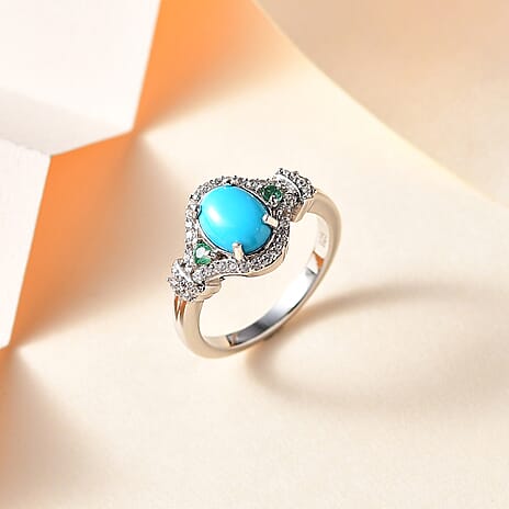 Arizona Sleeping Beauty Turquoise, Natural Zircon & Zambian Emerald Ring in Platinum Overlay Sterling Silver 1.45 Ct
