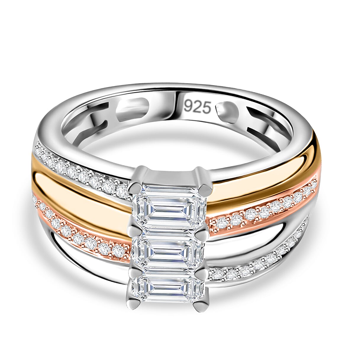 Moissanite Ring in 18K Yellow & Rose Gold Vermeil & Platinum Overlay Sterling Silver 1.15 Ct.
