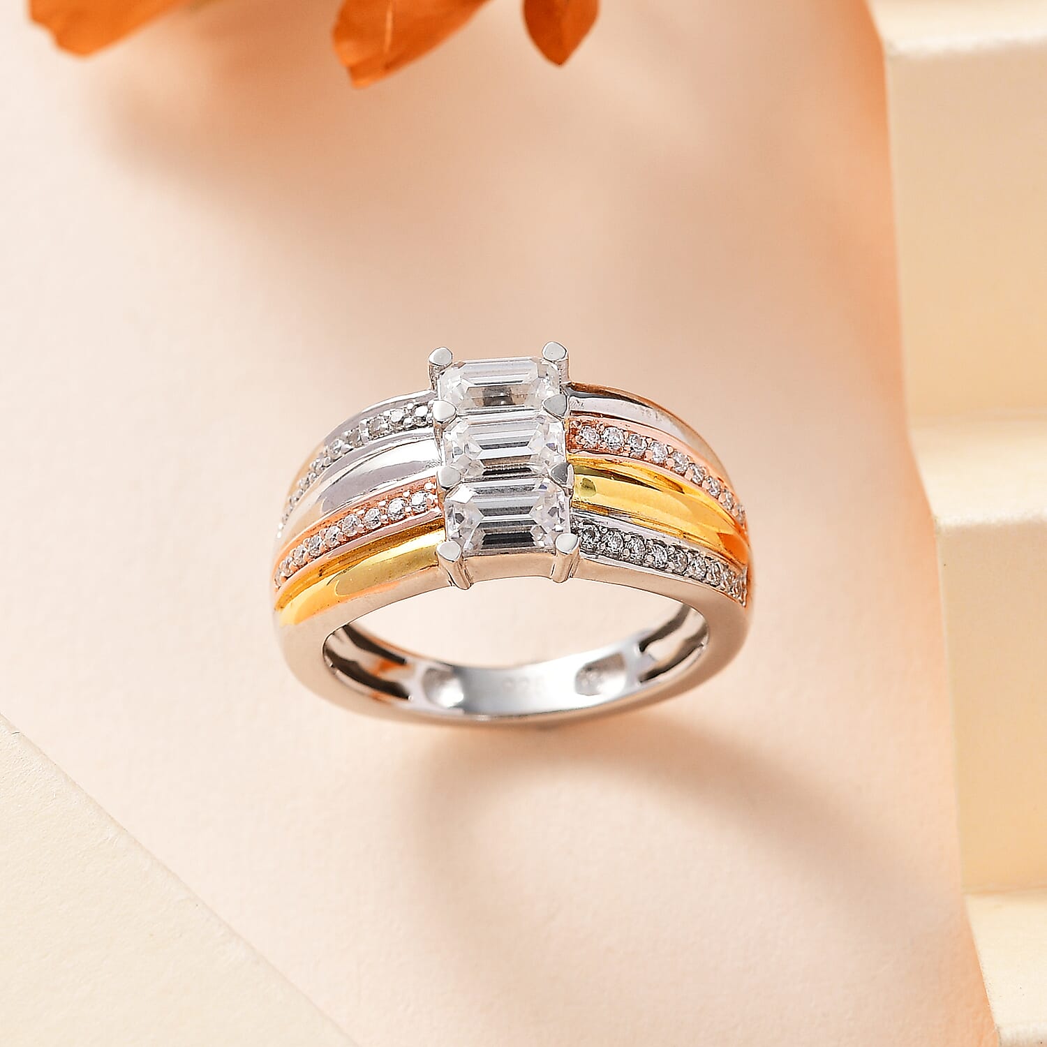 Moissanite Ring in 18K Yellow & Rose Gold Vermeil & Platinum Overlay Sterling Silver 1.15 Ct.