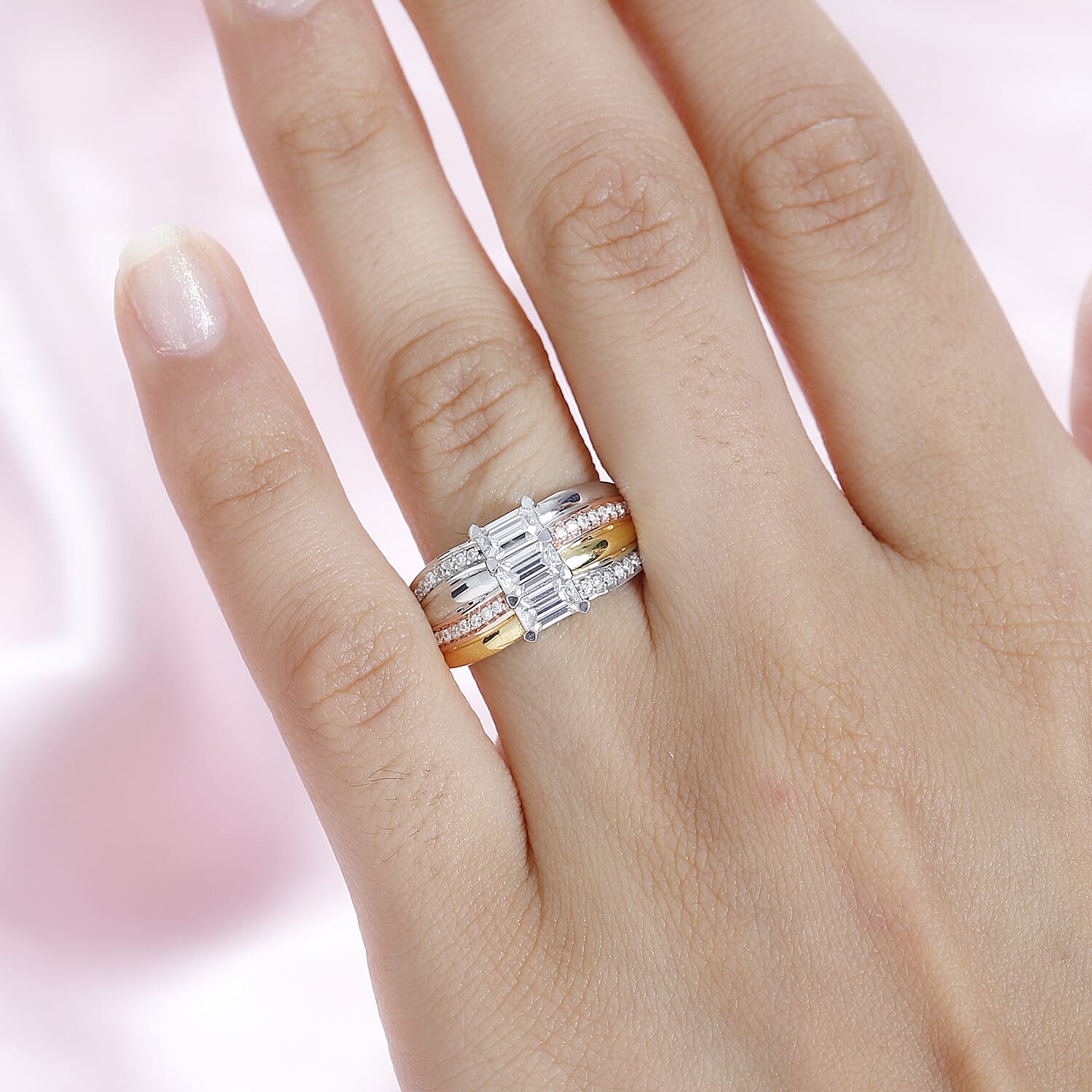 Moissanite Ring in 18K Yellow & Rose Gold Vermeil & Platinum Overlay Sterling Silver 1.15 Ct.