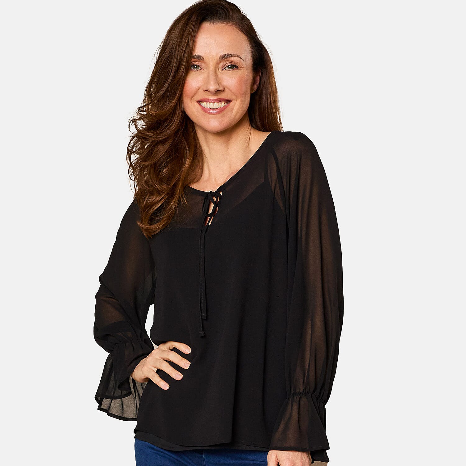 EMRECO 2 in 1 Long Sleeve Sheer Frill Top (Size 12) - Black