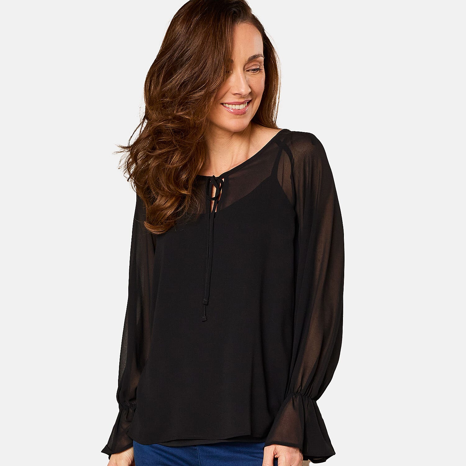 EMRECO 2 in 1 Long Sleeve Sheer Frill Top (Size 12) - Black