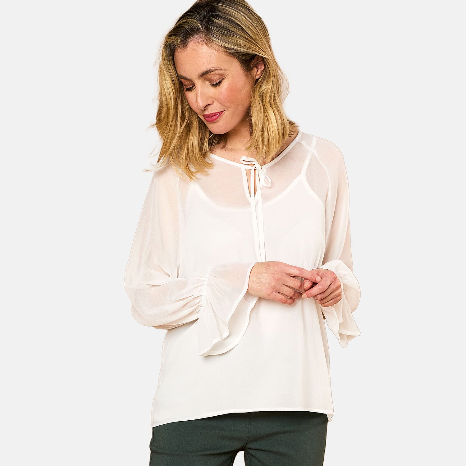  EMRECO 2 in 1 Long Sleeve Sheer Frill Top (Size 12) - Black