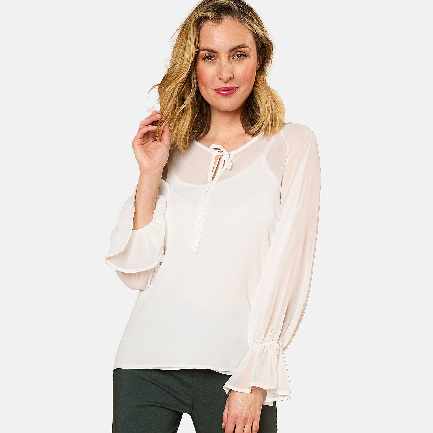 EMRECO 2 in 1 Long Sleeve Sheer Frill Top (Size 16) - Cream