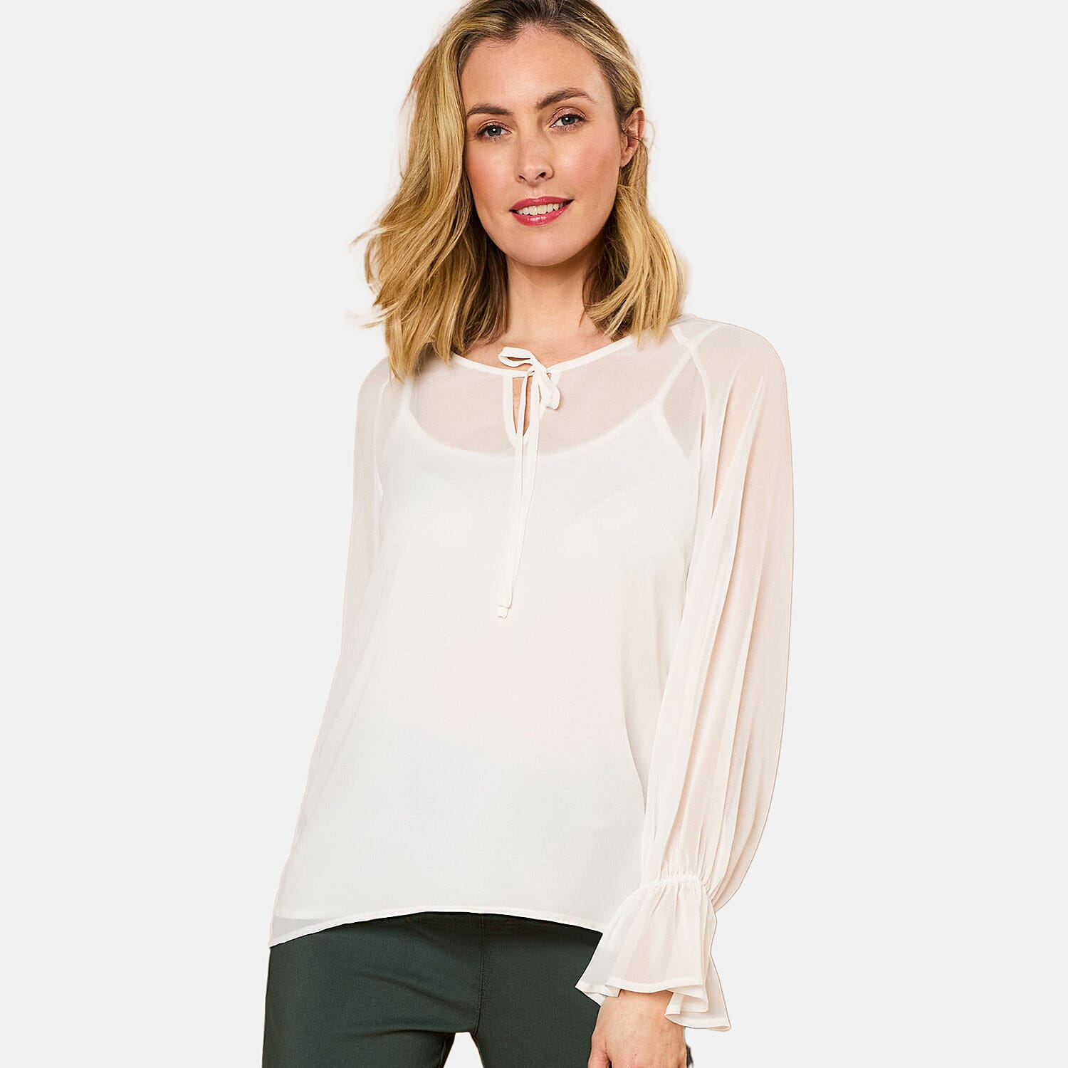 EMRECO 2 in 1 Long Sleeve Sheer Frill Top (Size 16) - Cream