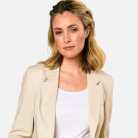 EMRECO Tailored Linen Open Front Blazer (Size 14) - Stone