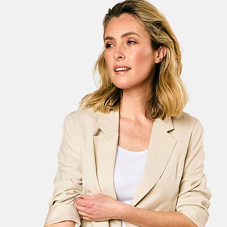 EMRECO Tailored Linen Open Front Blazer (Size 16) - Stone