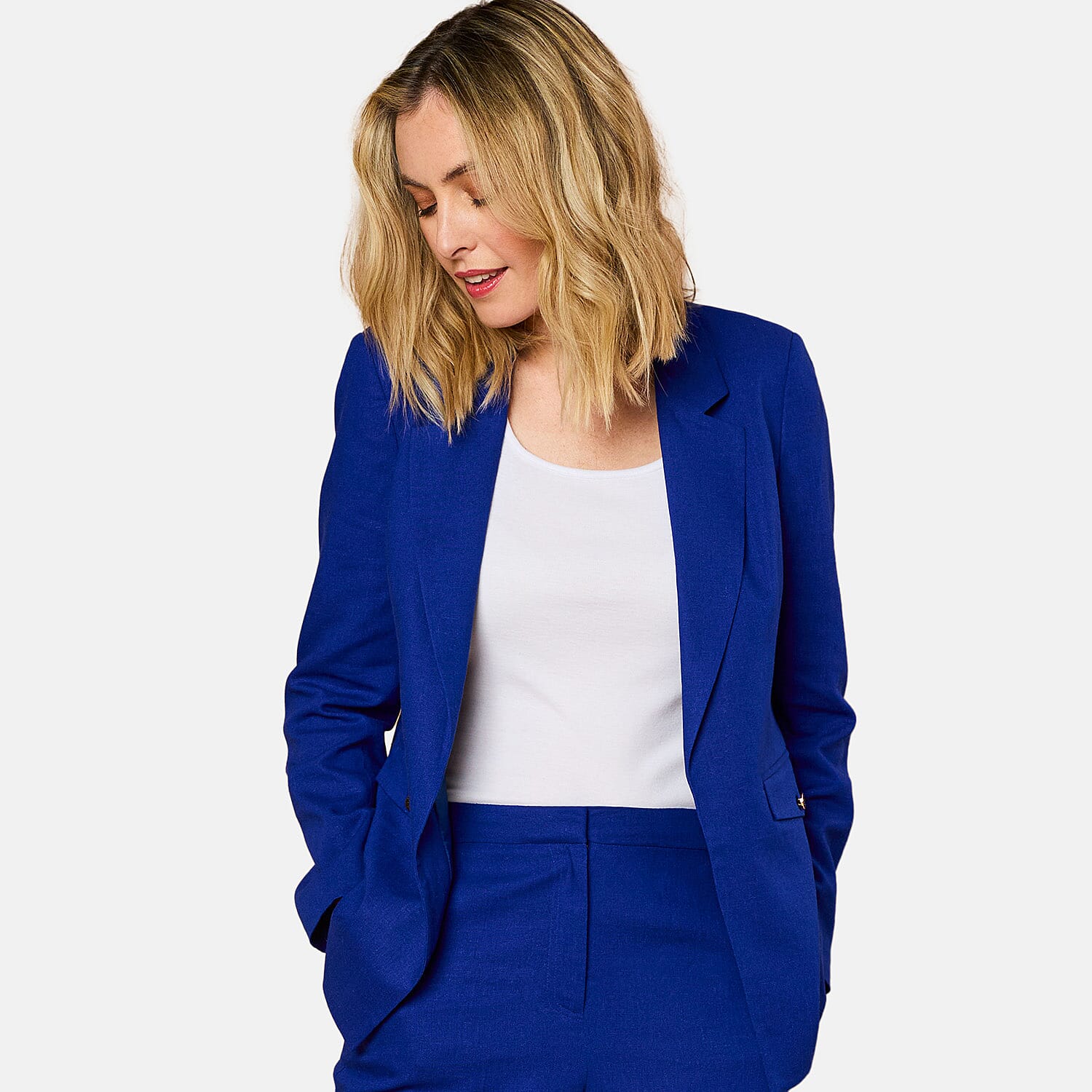 EMRECO Tailored Linen Open Front Blazer (Size 20) - Royal Blue