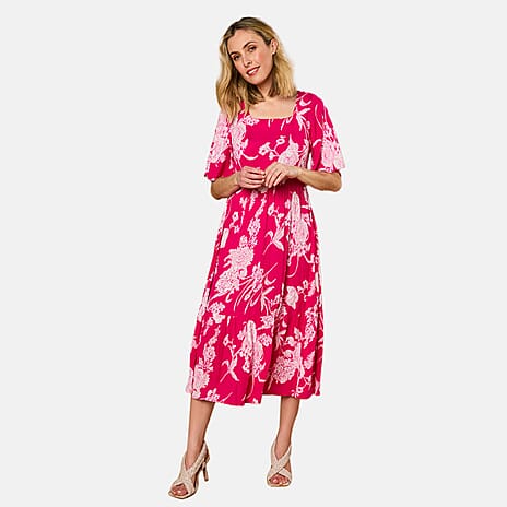 Emreco 100% Viscose Short Sleeve Floral Print Midi dress (Size 12) - Hot Pink