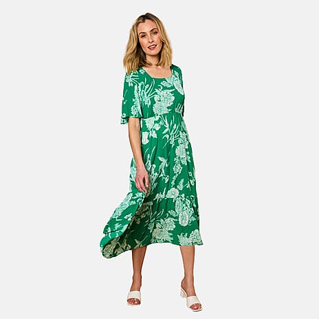 Emreco 100% Viscose Short Sleeve Floral Print Midi Dress (Size 12) - Emerald