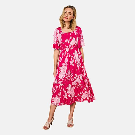 Emreco 100% Viscose Short Sleeve Floral Print Midi dress (Size 10) - Hot Pink