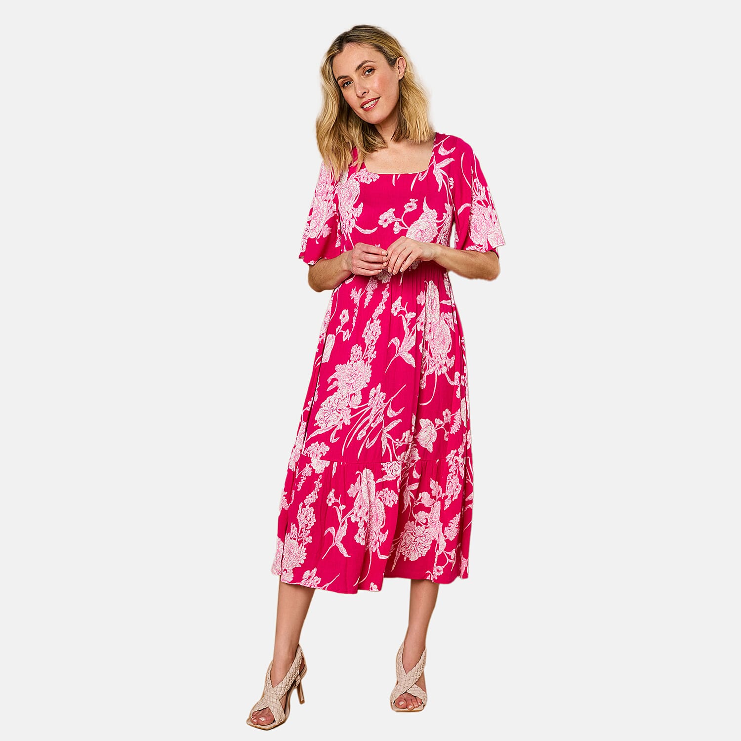 Emreco 100% Viscose Short Sleeve Floral Print Midi dress (Size 10) - Hot Pink