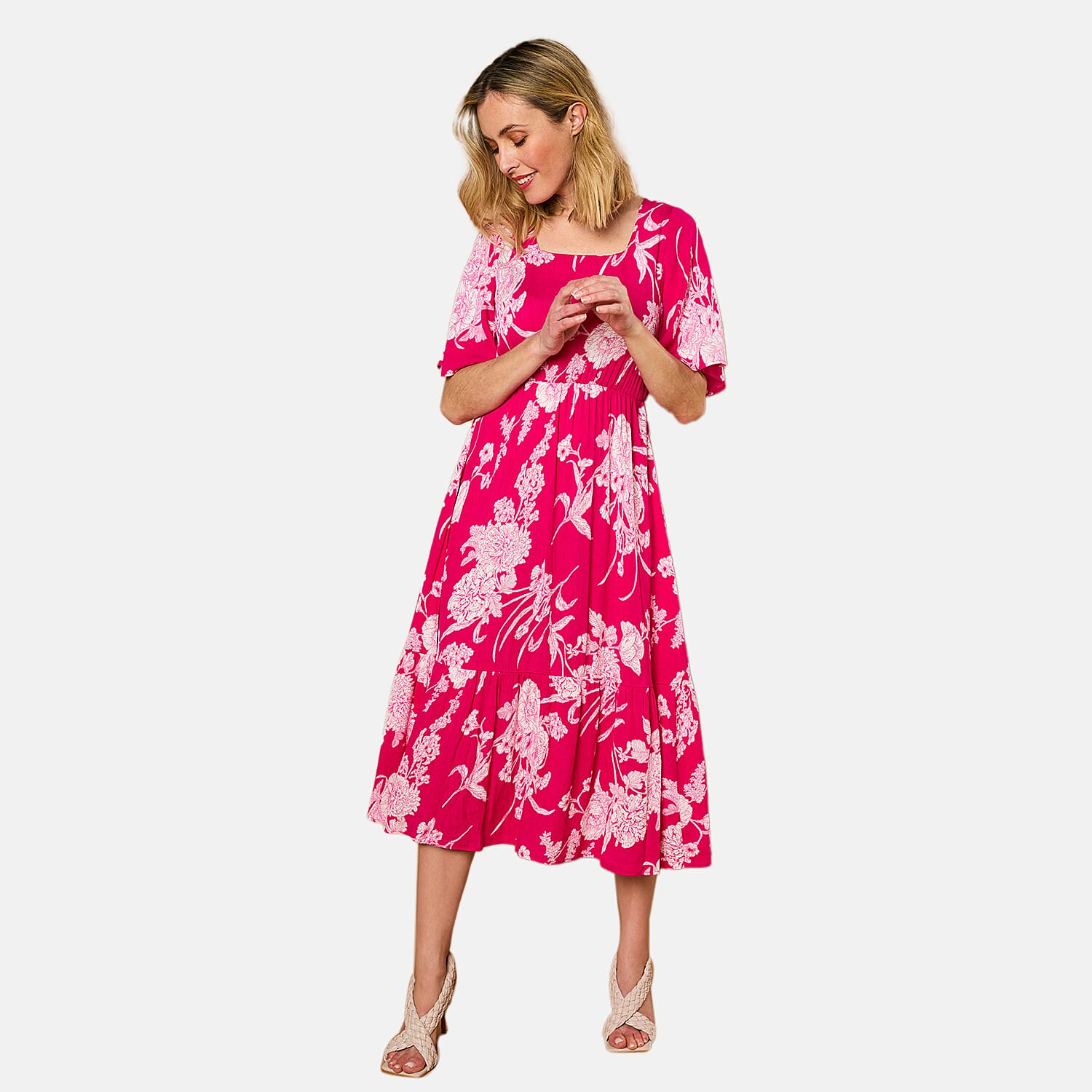 Emreco 100% Viscose Short Sleeve Floral Print Midi dress (Size 10) - Hot Pink