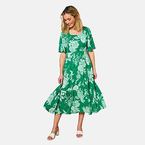 Emreco 100% Viscose Short Sleeve Floral Print Midi dress (Size 10) - Emerald