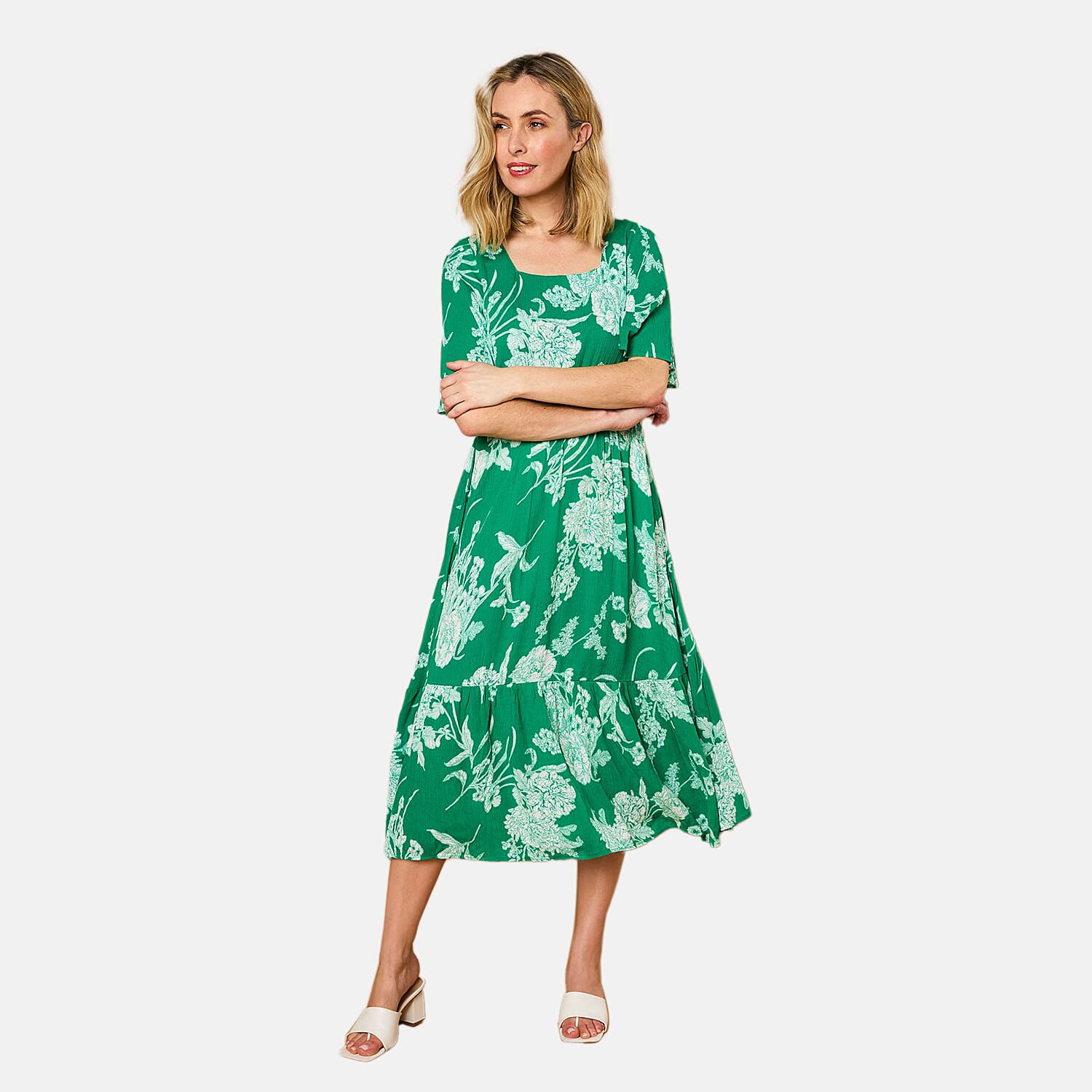 Emreco 100% Viscose Short Sleeve Floral Print Midi dress (Size 10) - Emerald