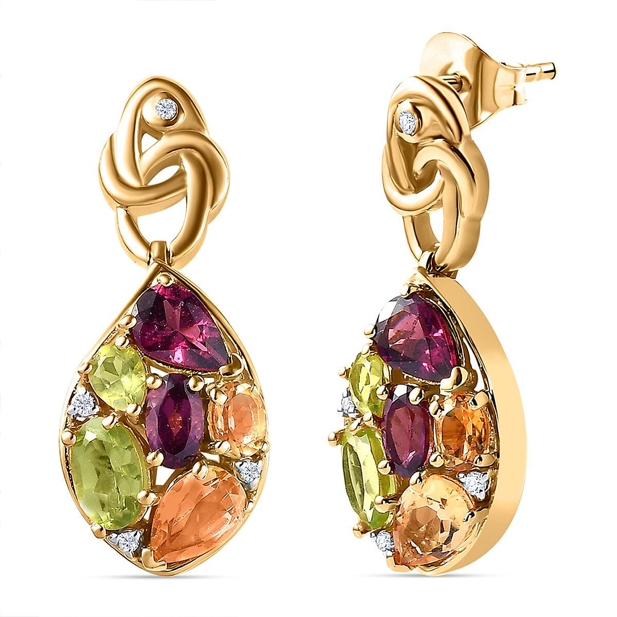 GP Leaf Collection - Rhodolite Garnet & Multi Gemstone Earrings in 18K YG Vermeil Plated Sterling Silver 4.10 Ct, Silver Wt. 5.50 Gms