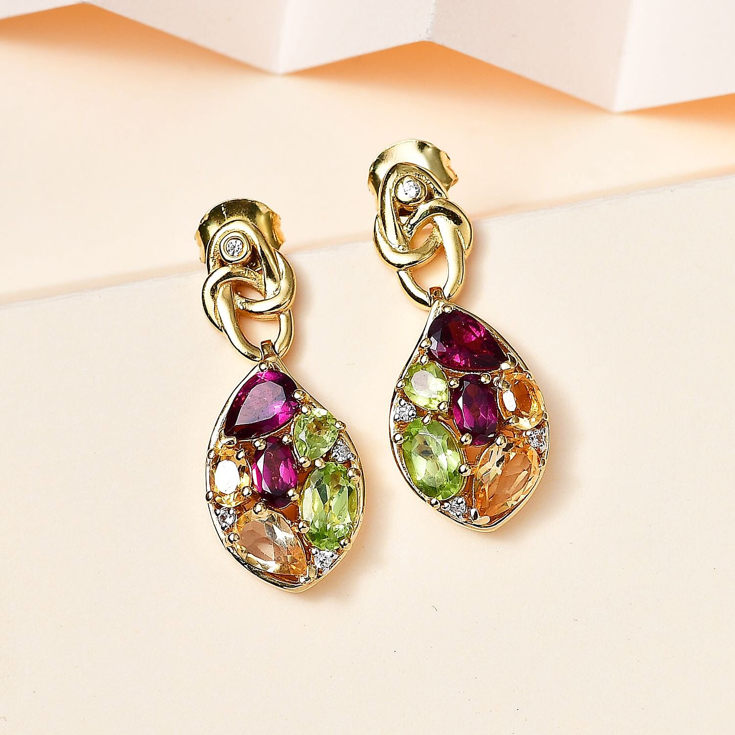 GP Leaf Collection - Rhodolite Garnet & Multi Gemstone Earrings in 18K YG Vermeil Plated Sterling Silver 4.10 Ct, Silver Wt. 5.50 Gms