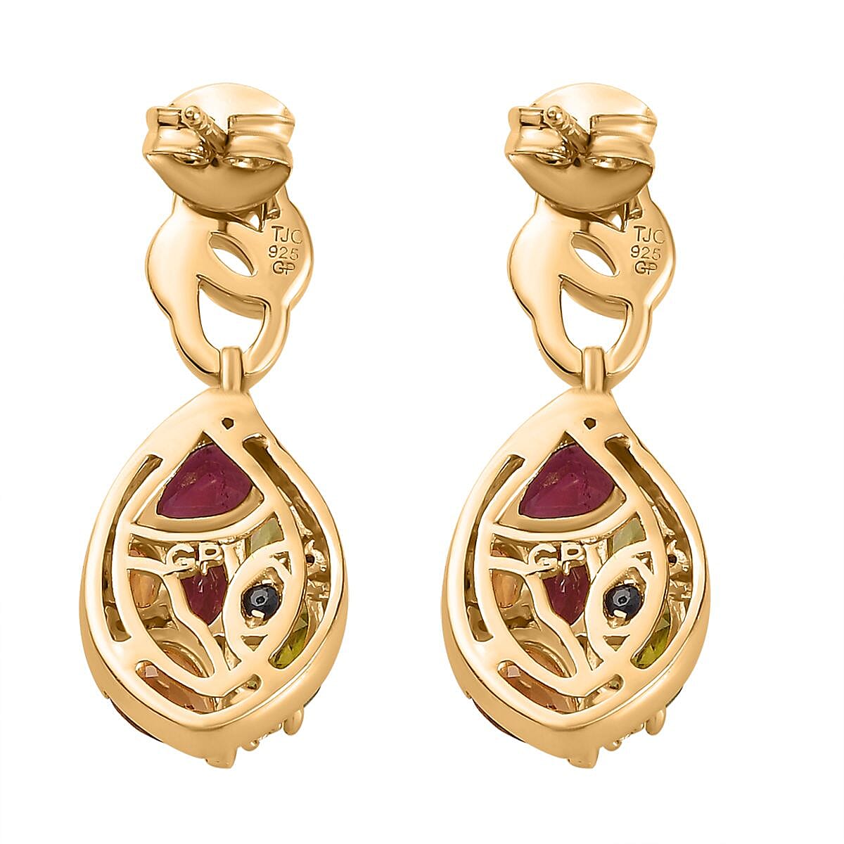 GP Leaf Collection - Rhodolite Garnet & Multi Gemstone Earrings in 18K YG Vermeil Plated Sterling Silver 4.10 Ct, Silver Wt. 5.50 Gms