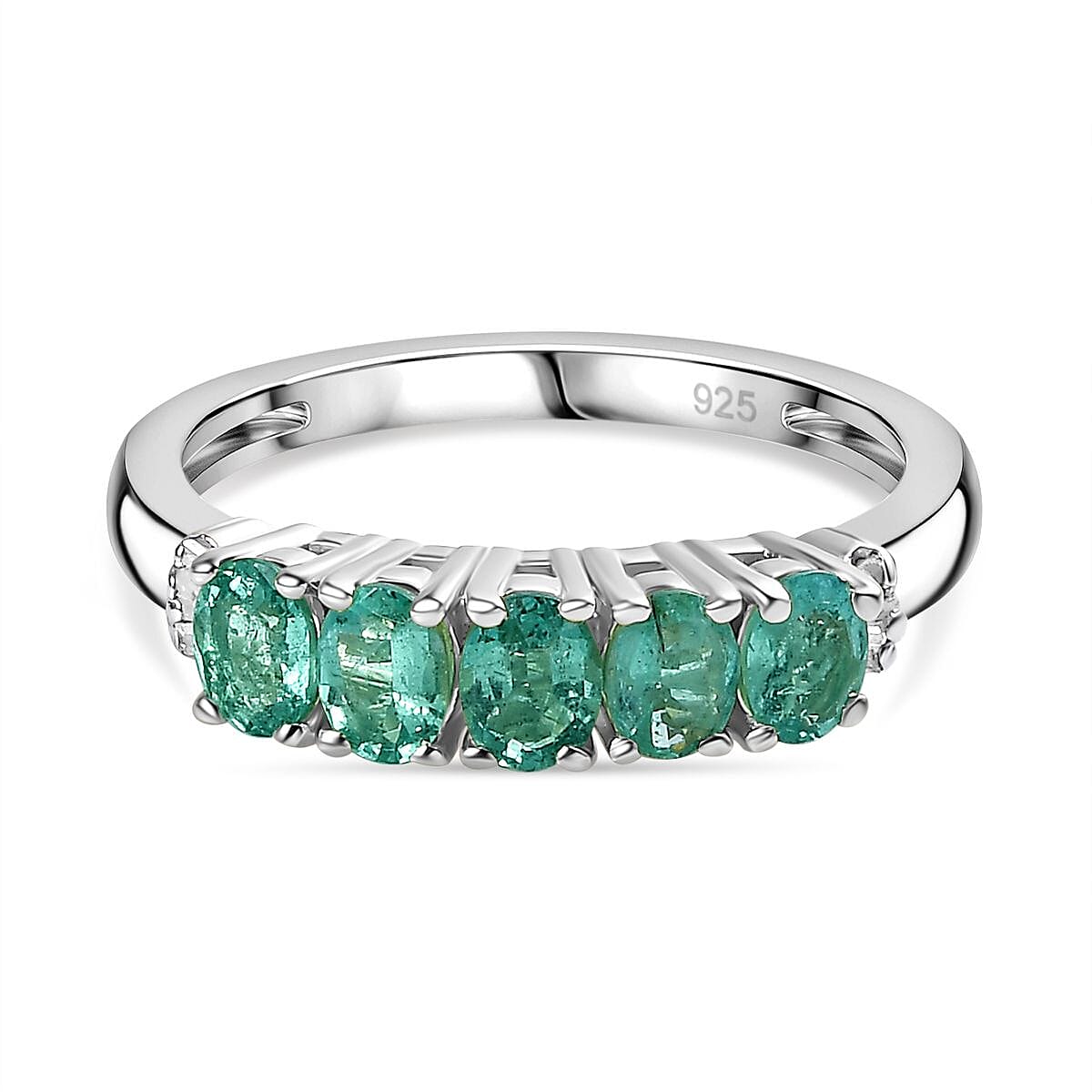 Emerald & Diamond  Ring in Platinum Overlay Sterling Silver