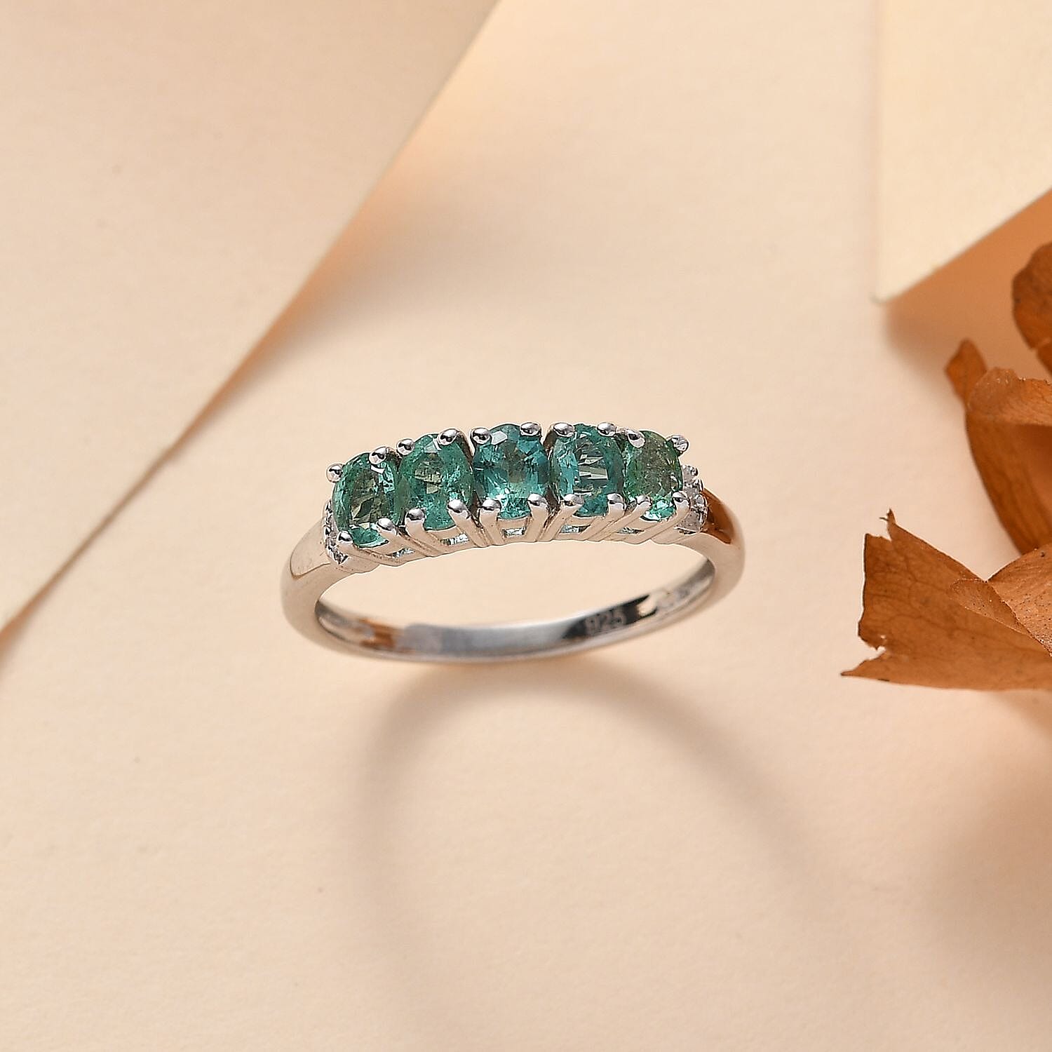 Emerald & Diamond  Ring in Platinum Overlay Sterling Silver