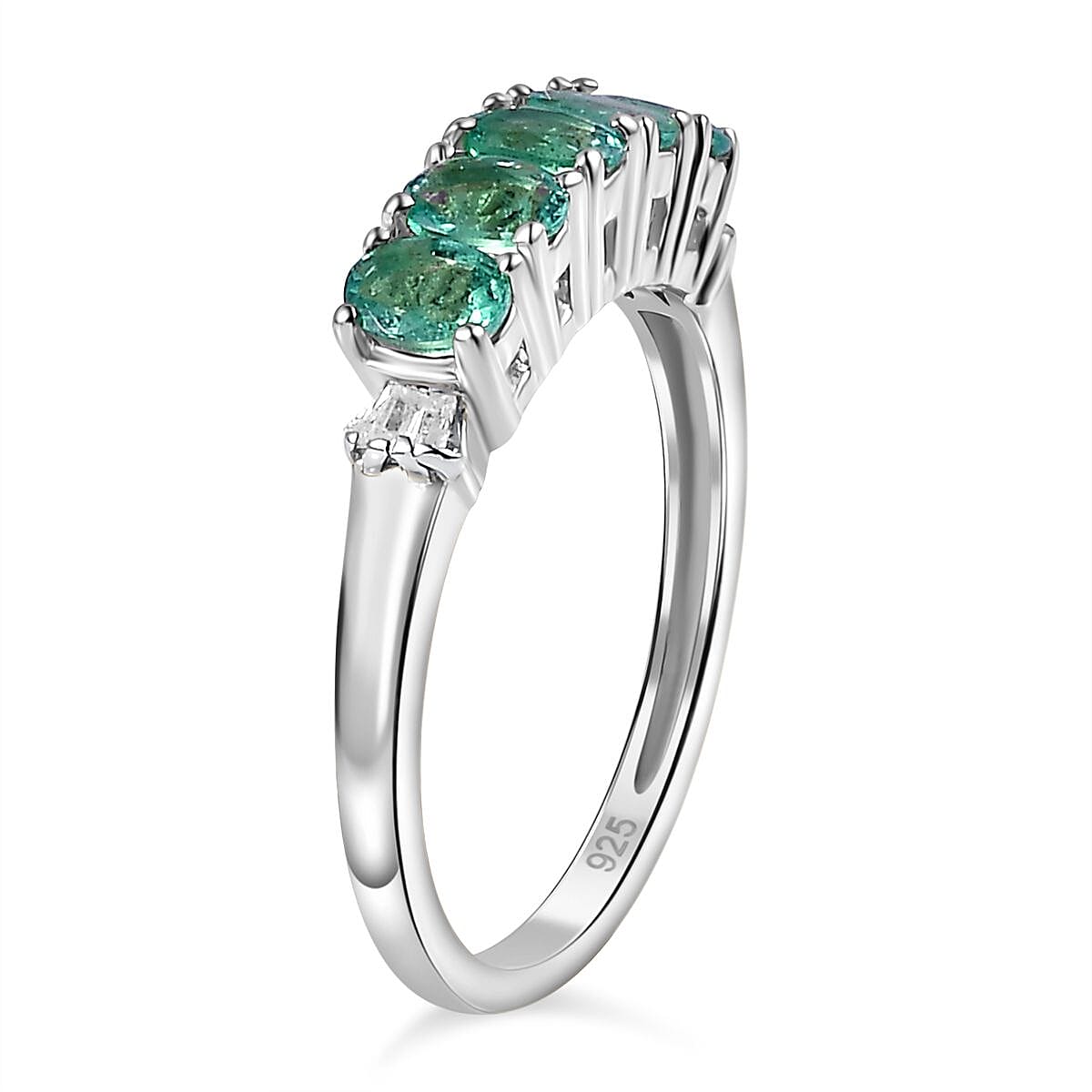 Emerald & Diamond  Ring in Platinum Overlay Sterling Silver