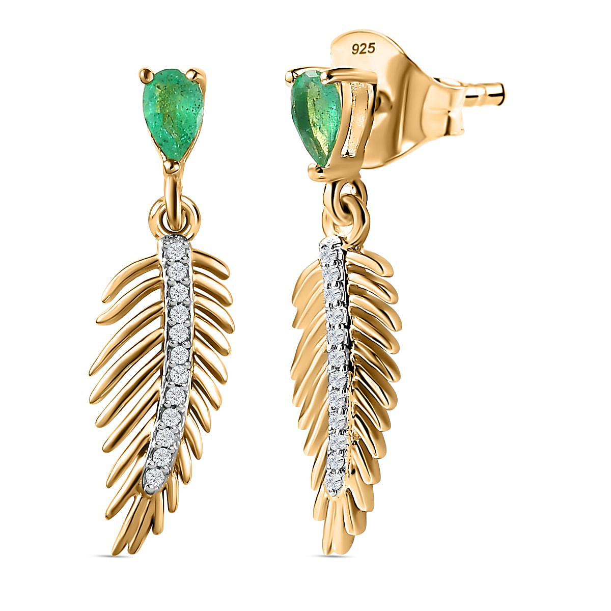 AAA Gemfields Emerald & Natural Zircon Angel Wing Dangle Earrings in 18K Vermeil YG Plated Sterling Silver
