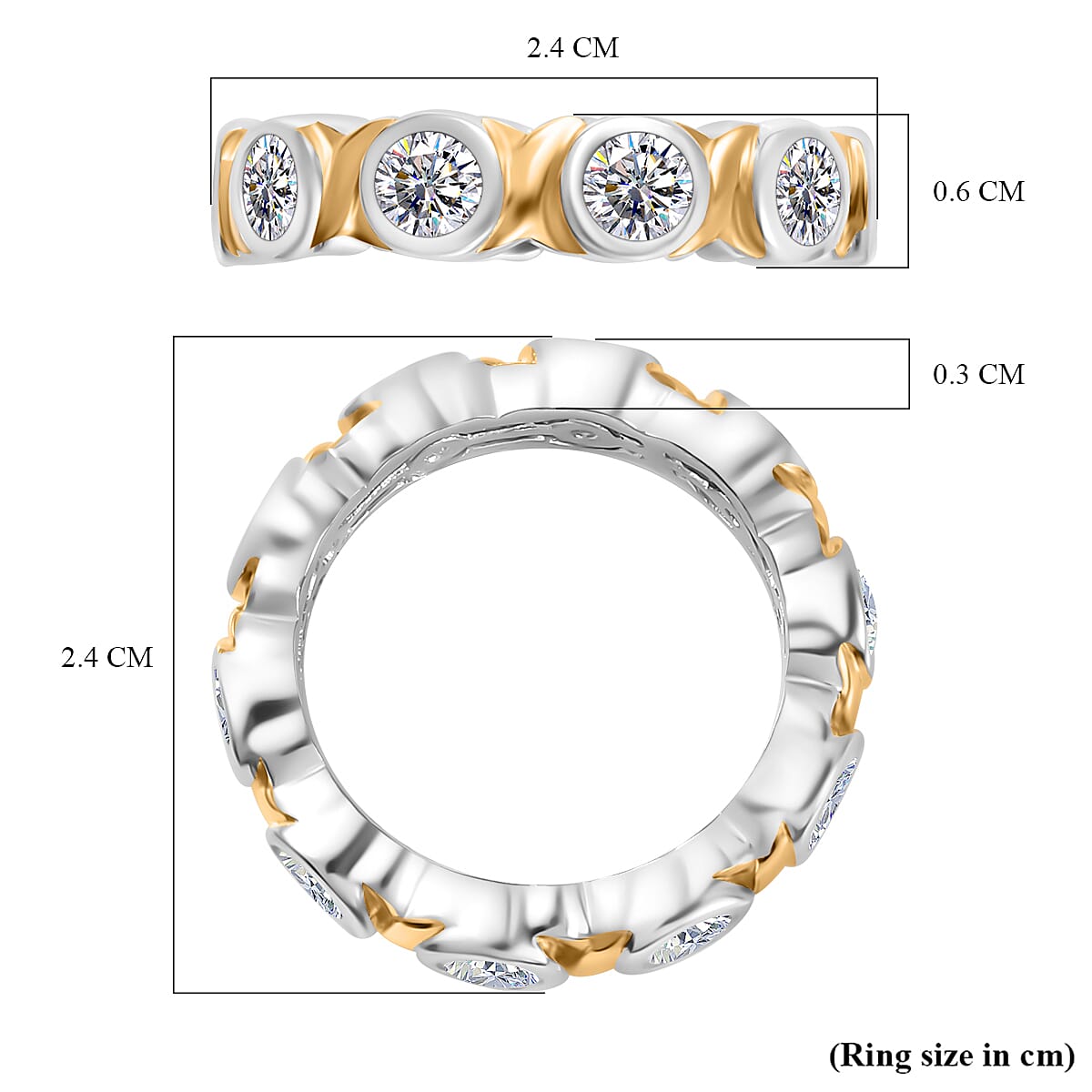Moissanite Bubble Band Ring in 18K YG Vermeil & Platinum Plated Sterling Silver 2.45 Ct, Silver Wt. 5.38 Gms Moissanite Bubble Band Ring in 18K YG Vermeil & Platinum Plated Sterling Silver 2.45 Ct, Silver Wt. 5.38 Gms