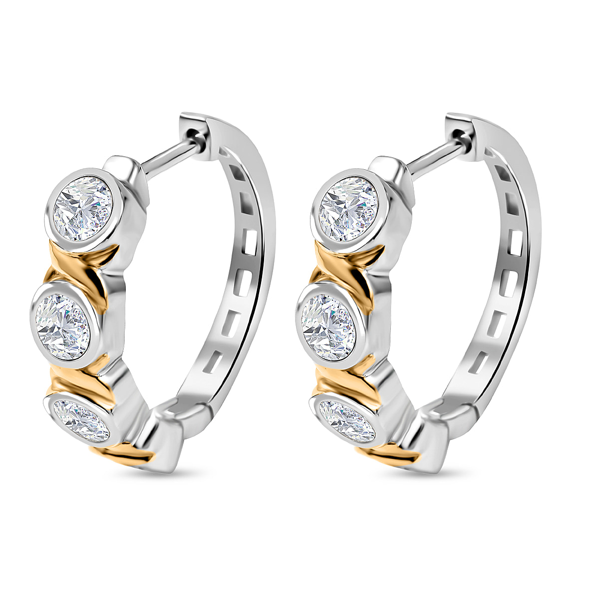 Moissanite Hoop Earrings in in 18K YG Vermeil & Platinum Plated Sterling Silver 2.00 Ct, Silver Wt. 6.50 Gms
