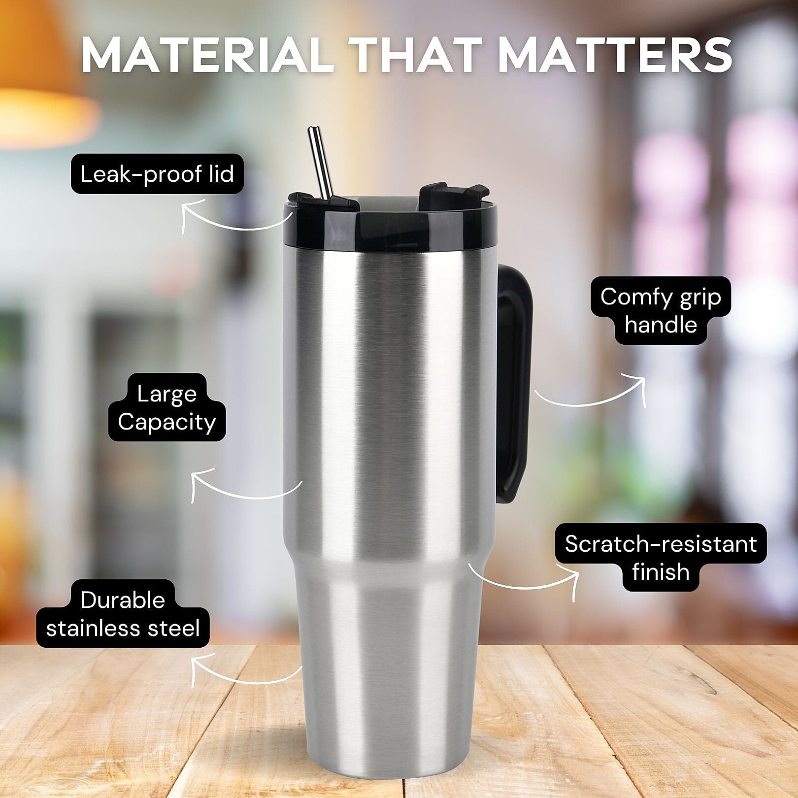 Stainless Steel Tumbler with Straw, Ergonomic Handle & Leak-Proof Lid - 850ml