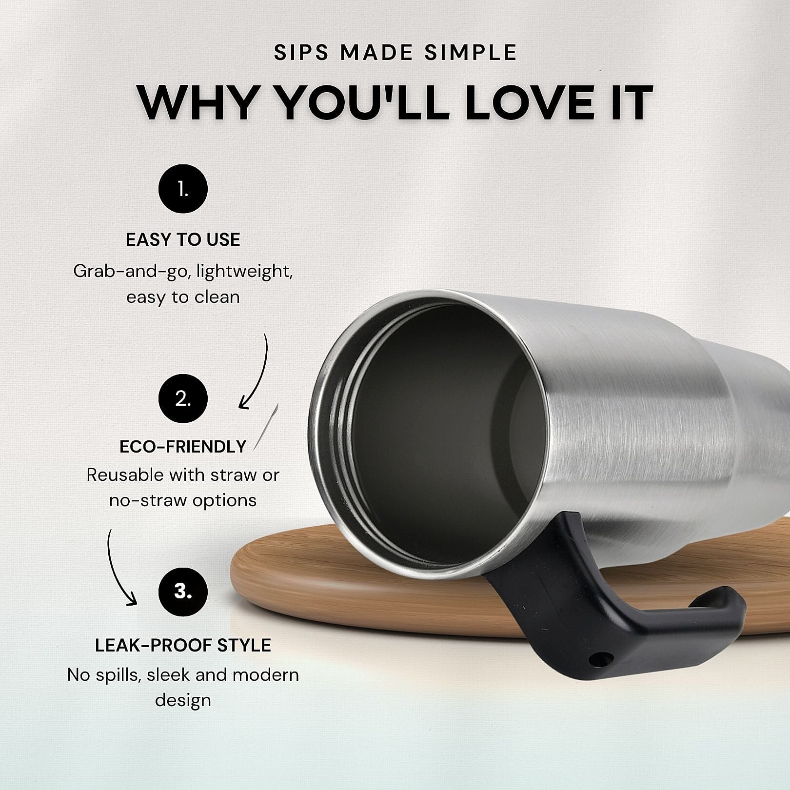 Stainless Steel Tumbler with Straw, Ergonomic Handle & Leak-Proof Lid - 850ml