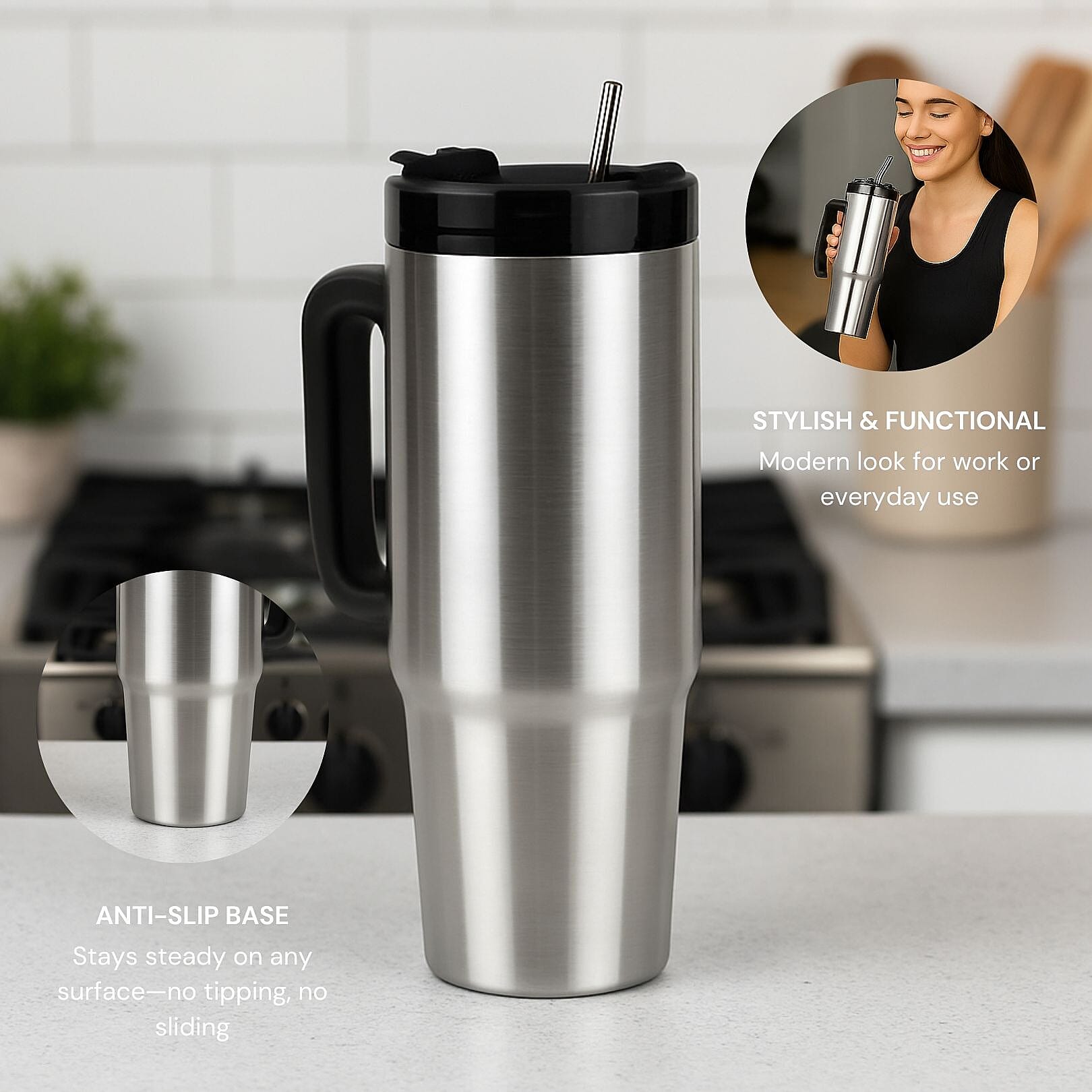 Stainless Steel Tumbler with Straw, Ergonomic Handle & Leak-Proof Lid - 850ml