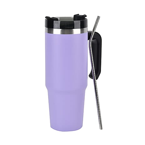 Stainless Steel Tumbler with Straw, Ergonomic Handle & Leak-Proof Lid - Purple