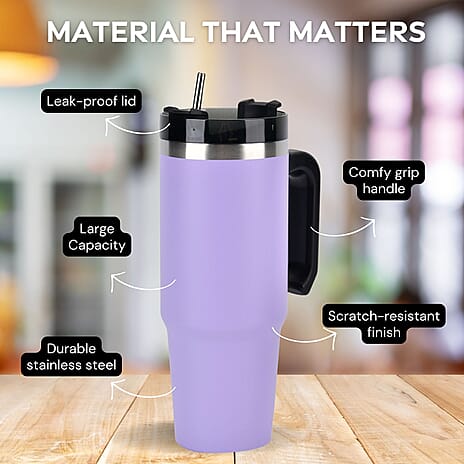 Stainless Steel Tumbler with Straw, Ergonomic Handle & Leak-Proof Lid - Purple