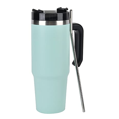 Stainless Steel Tumbler with Straw, Ergonomic Handle & Leak-Proof Lid - Turquoise