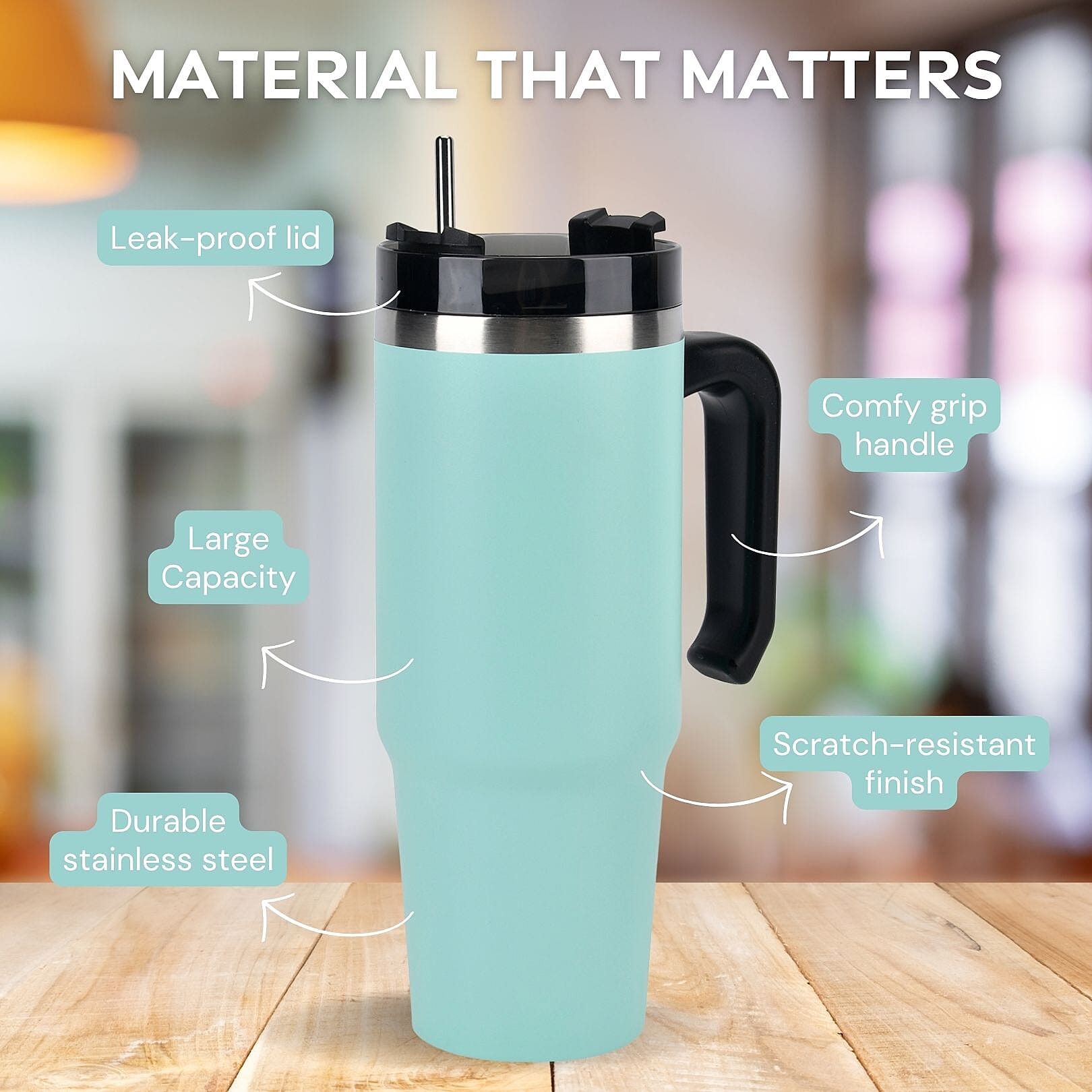 Stainless Steel Tumbler with Straw, Ergonomic Handle & Leak-Proof Lid - Turquoise  - 850ml