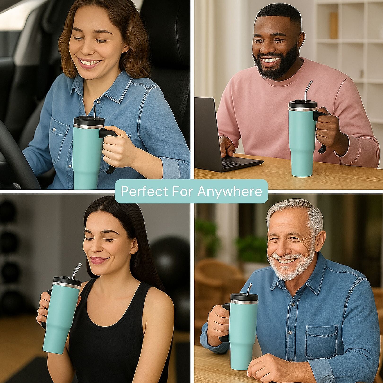 Stainless Steel Tumbler with Straw, Ergonomic Handle & Leak-Proof Lid - Turquoise  - 850ml