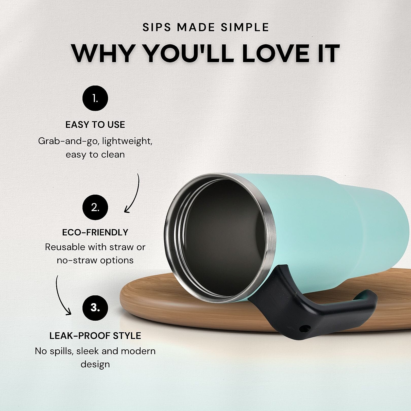 Stainless Steel Tumbler with Straw, Ergonomic Handle & Leak-Proof Lid - Turquoise  - 850ml