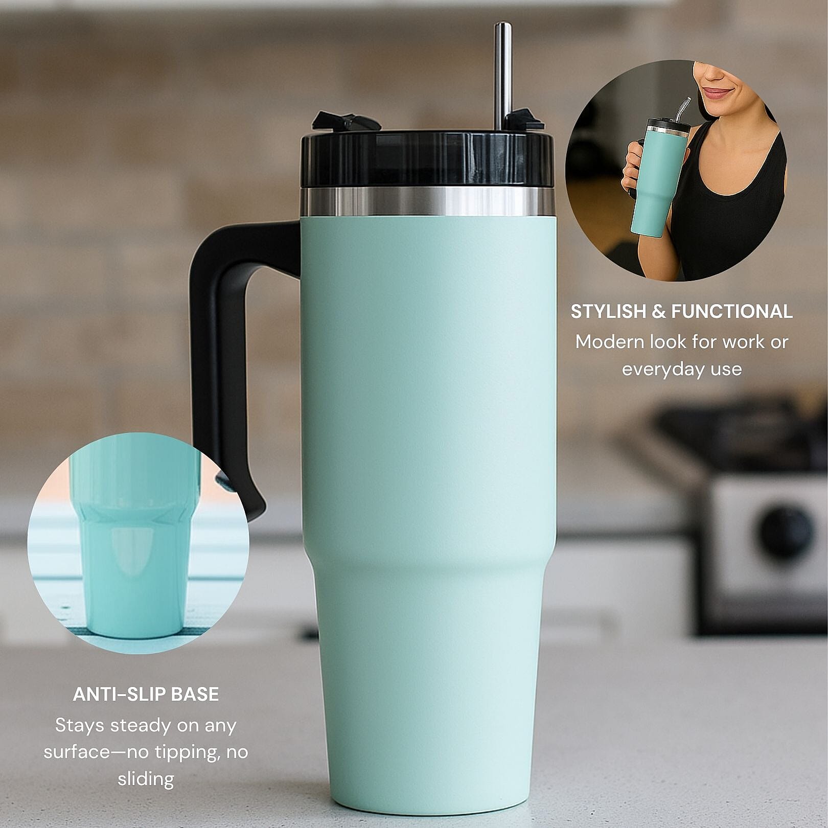 Stainless Steel Tumbler with Straw, Ergonomic Handle & Leak-Proof Lid - Turquoise  - 850ml
