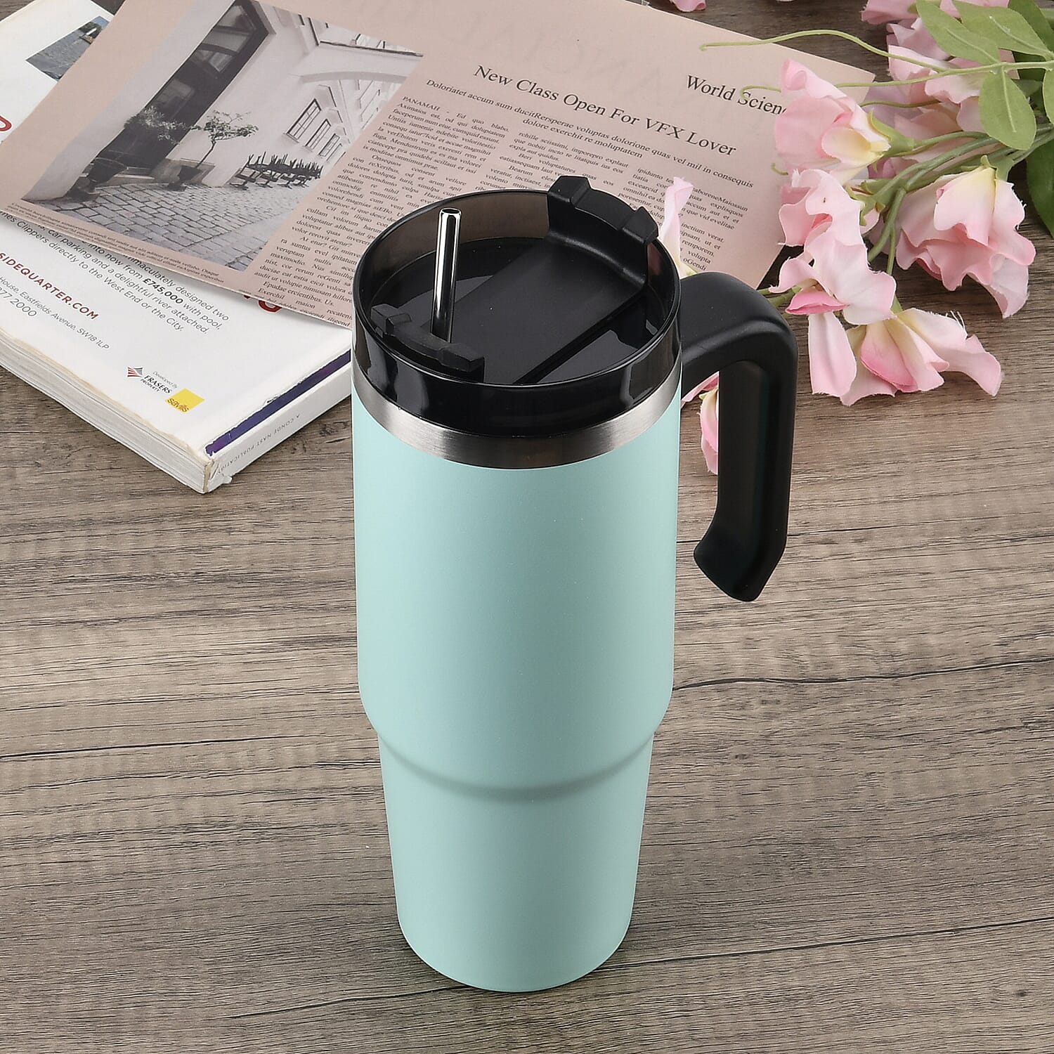 Stainless Steel Tumbler with Straw, Ergonomic Handle & Leak-Proof Lid - Turquoise  - 850ml