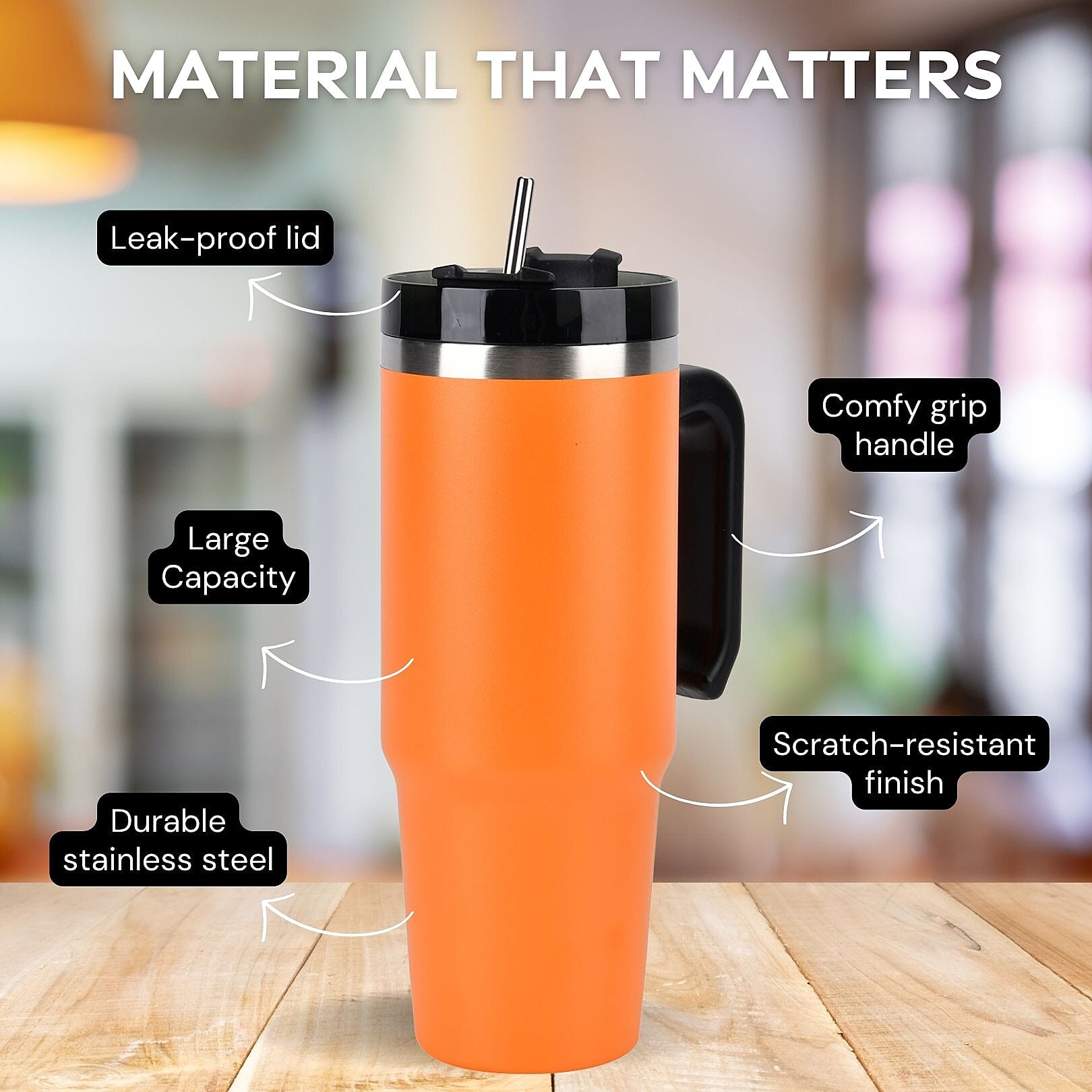 Stainless Steel Tumbler with Straw, Ergonomic Handle & Leak-Proof Lid - Orange  - 850ml