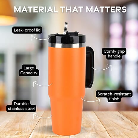 Stainless Steel Tumbler with Straw, Ergonomic Handle & Leak-Proof Lid - Orange  - 850ml