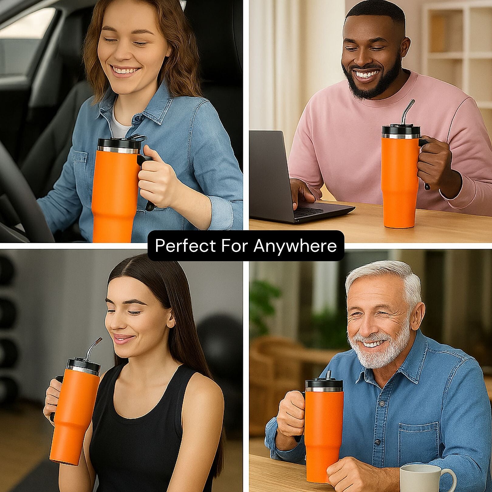Stainless Steel Tumbler with Straw, Ergonomic Handle & Leak-Proof Lid - Orange  - 850ml