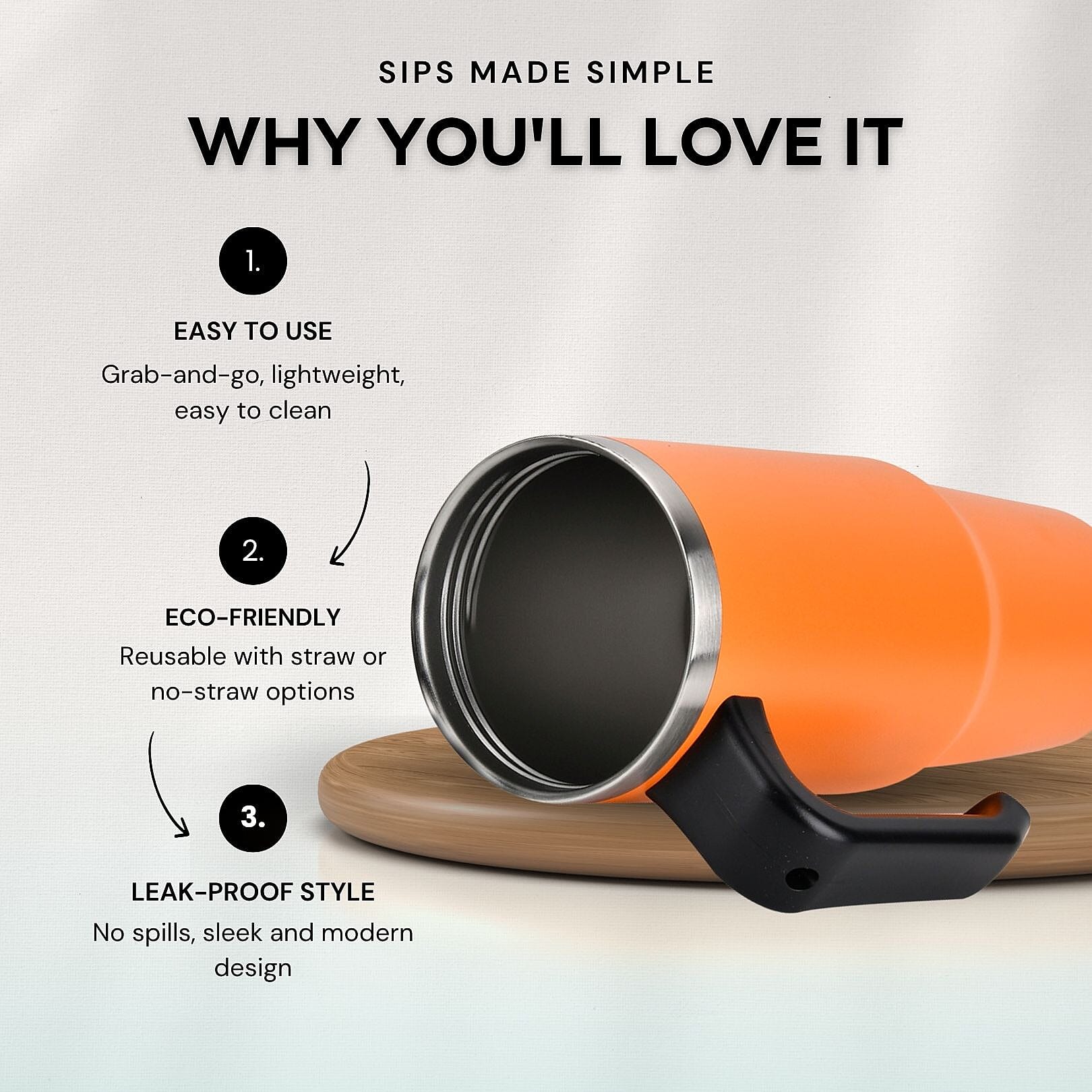 Stainless Steel Tumbler with Straw, Ergonomic Handle & Leak-Proof Lid - Orange  - 850ml