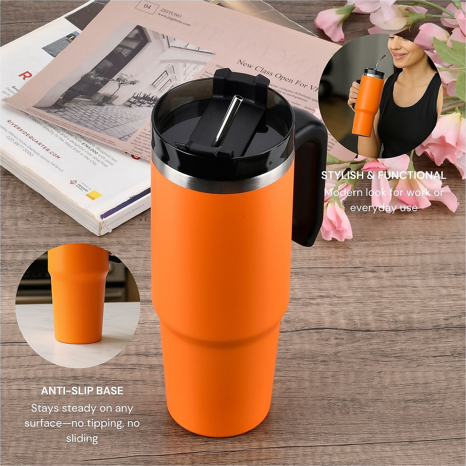 Stainless Steel Tumbler with Straw, Ergonomic Handle & Leak-Proof Lid - Orange  - 850ml