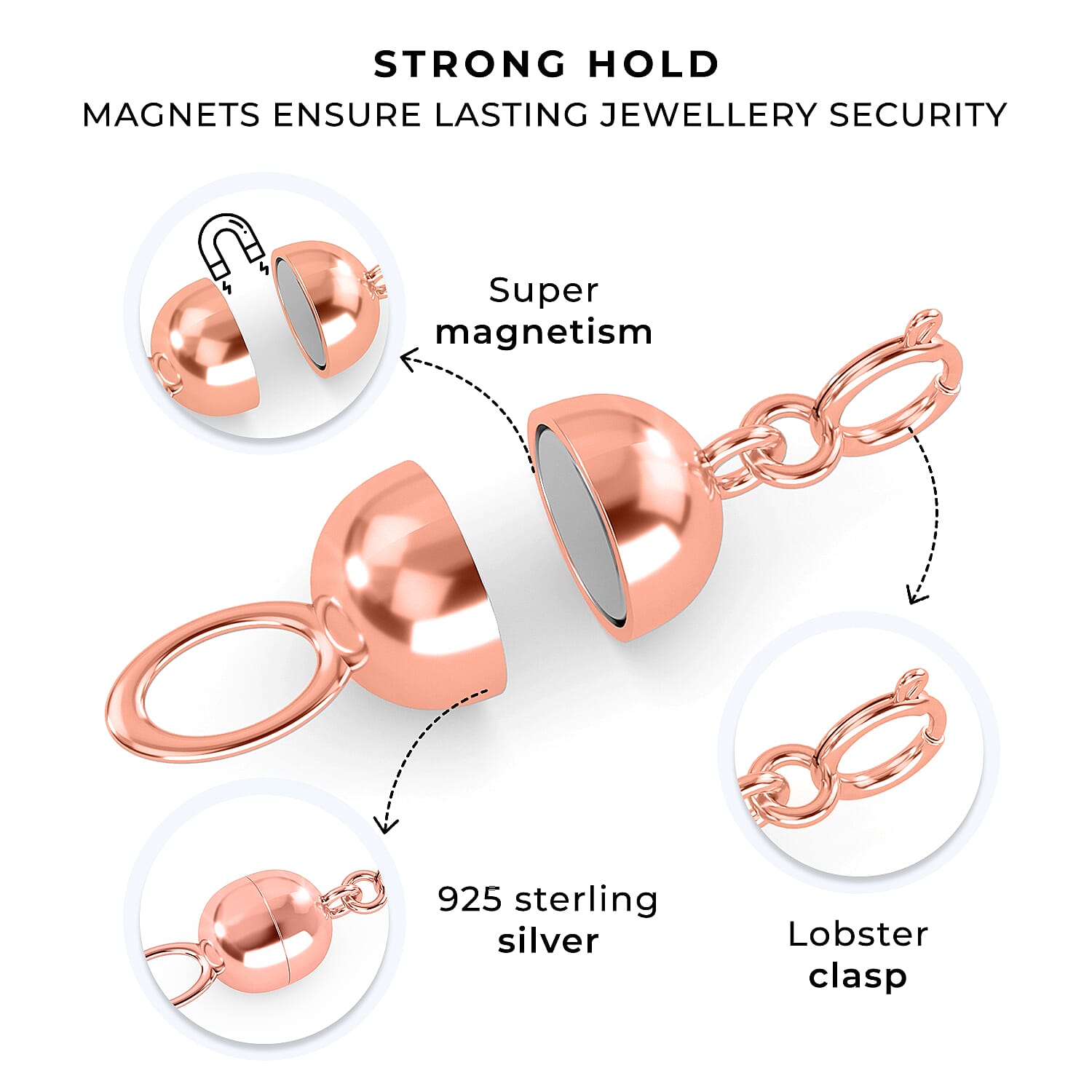 Set of 3 Sterling Silver Magnetic Clasps with Rose Gold Vermeil Overlay