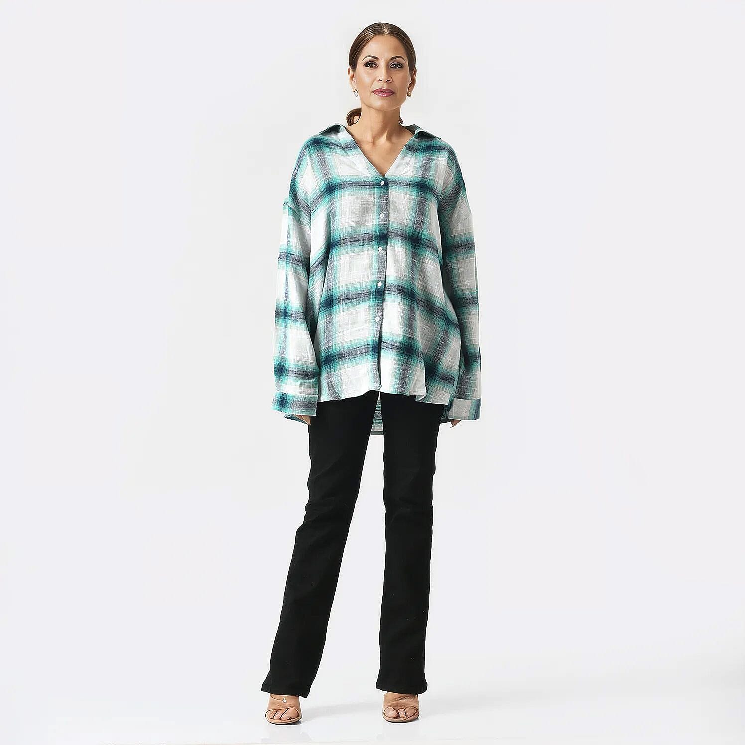 La Marey 100% Cotton Y-D Check Pattern With Side Two Pocket Shirt  (Size S) - Turquoise