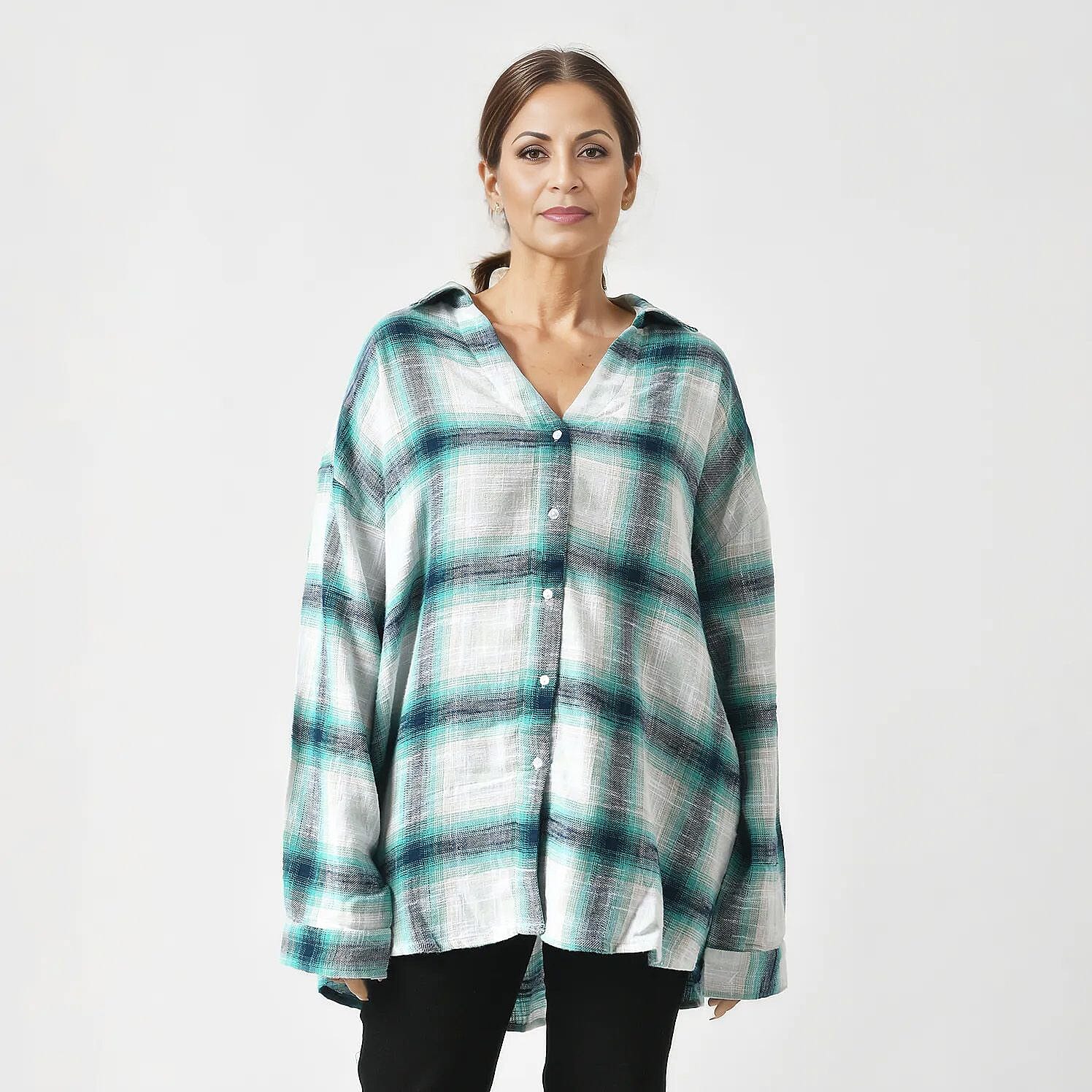 La Marey 100% Cotton Y-D Check Pattern With Side Two Pocket Shirt  (Size S) - Turquoise