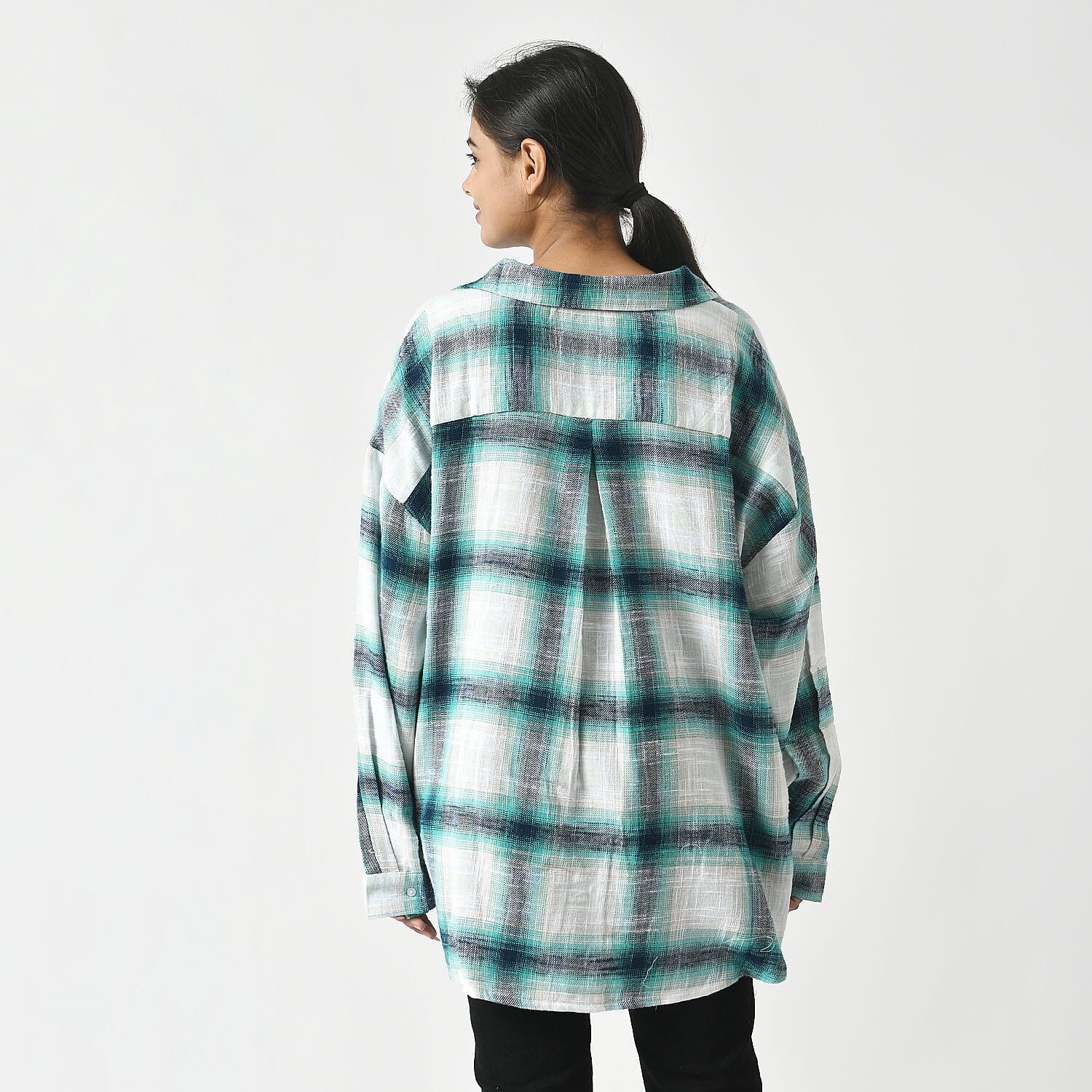 La Marey 100% Cotton Y-D Check Pattern With Side Two Pocket Shirt  (Size L) - Turquoise